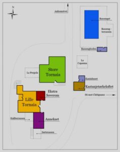 Kart over gården på norsk. Klikk neste for engelsk versjon. Kart over gården på norsk. Klikk neste for engelsk versjon.